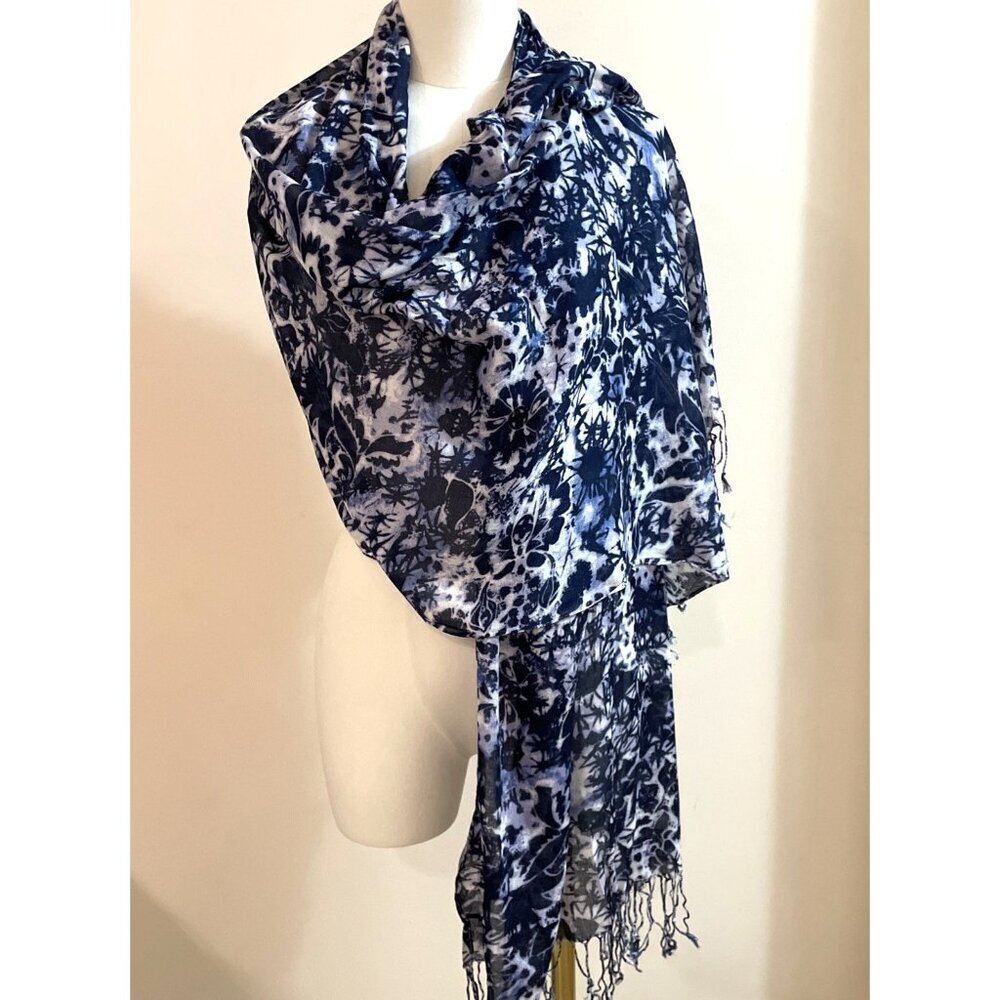 Liz Claiborne Abstract Floral Scarf Shawl Wrap 26X80" Navy Fringe Boho NWT